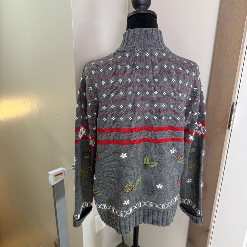 Vtg Holiday Lodge Grey Full Zip Holiday Christmas Sweater Holly Berry Snowflake - Picture 5 of 7